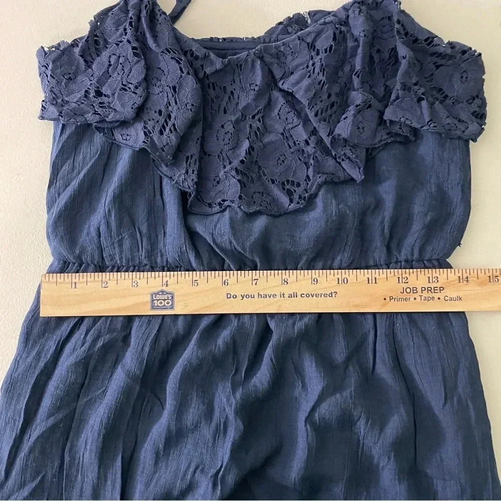 IZ Byer Maxi Dress Medium Lace Ruffle Navy Blue Lined Boho Cottage Sleeveless - Picture 6 of 11
